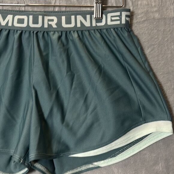 Under Armour Green Blue Running Shorts Elastic Logo Waist Size Medium - Picture 2 of 6